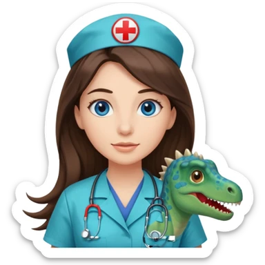 pretty brunette nurse with long hair and blue eyes in dinosaur scrubs sticker