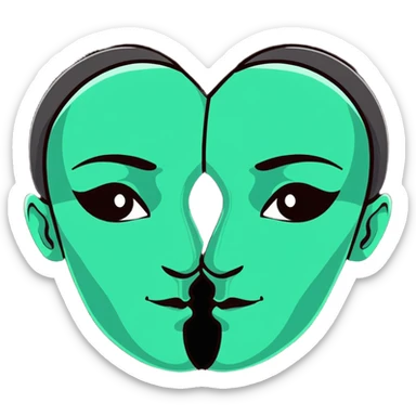 face split into two halves, one half realistic, other half art style sticker