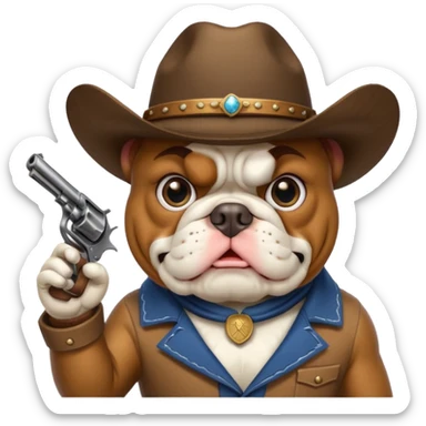 A bulldog wearing a cowboy hat pointing a revolver at you and telling you to hand over your money. sticker