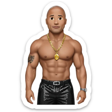 Dwayne Johnson with black sequin baggy pants, shirtless with necklace, dark brown hair sticker