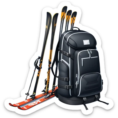 An icon showing a close-up of a biathlon backpack, a pair of skis, and a biathlon rifle resting against snow. In the background, a beautiful winter landscape with snowy trees and mountains under a clear sky. Transparent background reflects the sport’s precision and rugged endurance. sticker