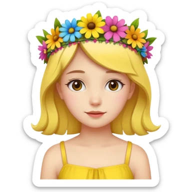 girl with flower crown in yellow dress and colored flowers sticker