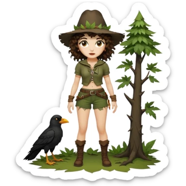 full body woman short curly brown mullet hair brown eyes white skin sexy forest rogue with torn leaf shorts and crow hat sticker