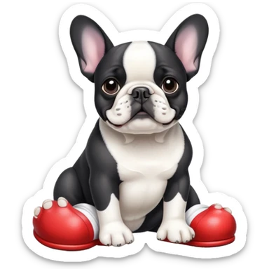 Black and white French bulldog wearing crocs shoes on his paws sticker