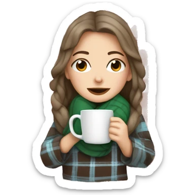 white girl wrapped in plaid blanket drinking hot chocolate out of a mug sticker