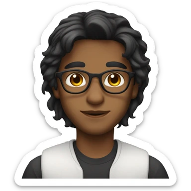 India boy middle parting black long hair hazel eyes thin glasses sticker