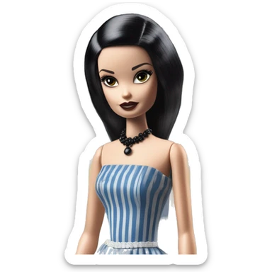1920s black hair Silkstone Marie Antoinette Barbie Wednesday Addams from academy in a blue and black vertically-striped classic dress. riding hot rod bikes with crows sticker