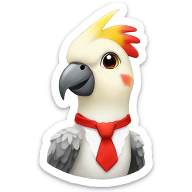 A cockatiel with a red bow tie on the neck sticker
