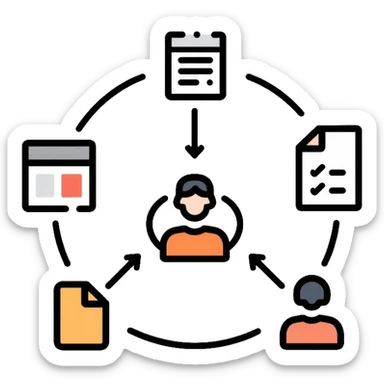 Management system with feedback loops, circular arrows connecting documents and people, business process with data flowing back sticker