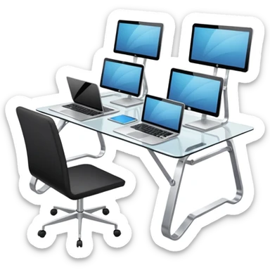 media agency, table with laptops sticker