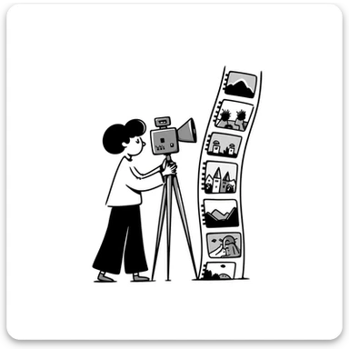 Hand-drawn film strips and an old school film camera with a photographer sticker