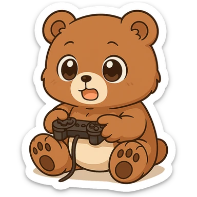 Make the anime style bear playing video games cuter by giving it bigger eyes and a rounder face. Keep no background. The style should remain anime-like. sticker