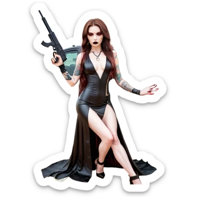 Lilith symbol red eye seductress evil long brown haired sexy succubus woman with leather long dress with slit, sitting in Big Large F350 pickup truck. Black Platform high heels on feet. Tattoo sleeve arms, seat full of stacks of cash, and a man dead human skull of her enemies and a gun in other hand sticker
