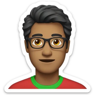 Man with black hair and glasses wearing red shirt with green collar sticker