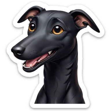 Cinematic Comical Black Greyhound Portrait Emoji, Head tilted dramatically with an exaggeratedly amused expression, featuring a glossy jet-black Fur and wide, expressive dark eyes filled with playful disbelief, Simplified yet hilariously expressive features, highly detailed, glowing with a slightly sassy glow, high shine, dramatic yet playful, stylized with an air of cheeky mischief, bright and endearing, soft glowing outline, capturing the essence of a spirited and over-the-top racer, so meme-worthy it feels like it could side-eye its way into internet fame instantly! sticker
