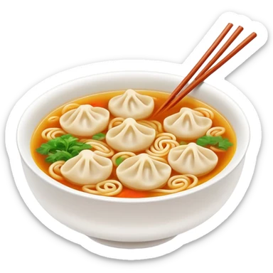 Wenzhou Huntun Wonton Noodle Soup with small dumplings, simplified emoji style with bold outlines and bright colors, cartoon style Zhejiang specialty with clear broth sticker