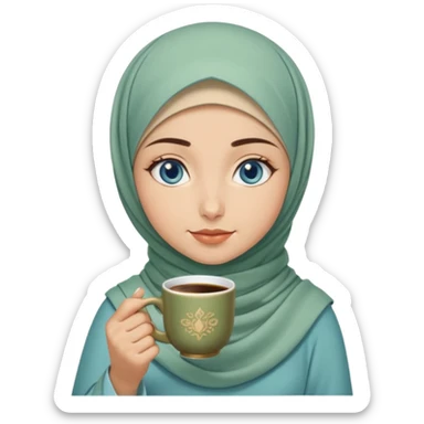 Turkish beautiful finish Konya girl blue eyes with beige and light green hijab islamic dress and had on her hand Turkish coffee sticker