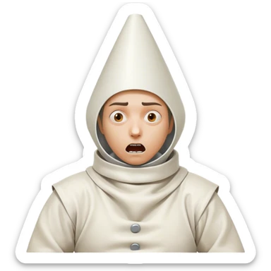 A person wearing a straitjacket and a cone-shaped funnel on their head, with a wild, crazy expression, embodying a chaotic and eccentric appearance sticker
