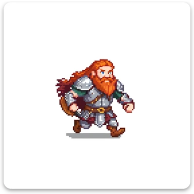 pixel art ginger viking with red beard and armor, running animation frame 2, mid-stride sticker