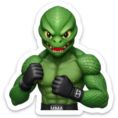 reptilian alien MMA fighter portrait, head and shoulders only, scaled skin, sharp teeth, fighter gloves, battle-ready expression, 3D cartoon, mobile game icon style, clean background, no text, no watermark
 sticker