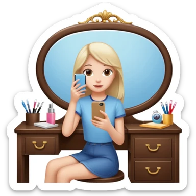 Girl sitting at vanity taking out picture with iphone 15 plus in the mirror and study materials on the vanity sticker