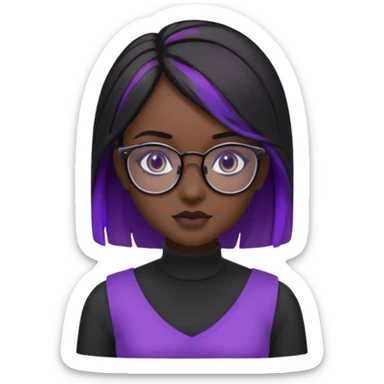 chica bonita con ligero cabello negro con rayas moradas que llega hasta los hombros con lentes cuadrados de estatura pequeña con ropa negra con otro estilo de cabello sticker