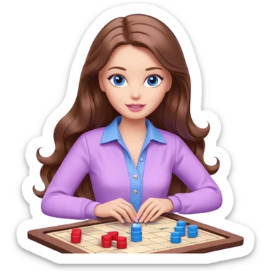 beautiful barbie girl with long brown hair, blue eyes and wearing light purple clothes playing board games sticker