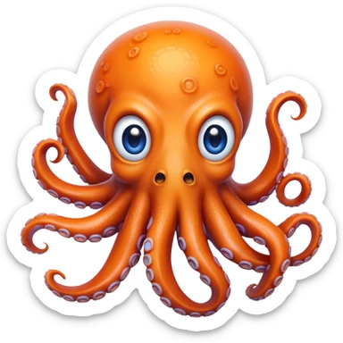 Cinematic Realistic Comical Octopus Portrait Emoji, Head tilted dramatically with an exaggeratedly amused expression, featuring a striking, glossy orange body adorned with bold blue rings and wide, expressive eyes brimming with playful disbelief; rendered with vivid natural textures and dynamic highlights, high shine, dramatic yet playful, styled with an air of cheeky ocean mischief, soft glowing outline, capturing the essence of a spirited and over‐the‐top octopus that looks ready to squirt ink its way into viral fame! sticker