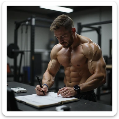 Coach di bodybuilding in ufficio mentre prepara un protocollo semplice di sostanze chimiche per un atleta, con fogli, fiale e siringhe sulla scrivania, atmosfera realistica, dettagli iperrealistici 4K. sticker