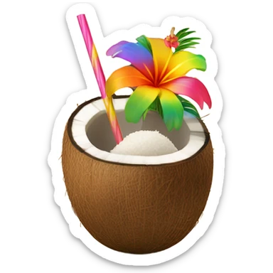 Coconut with straw and flower in sticker