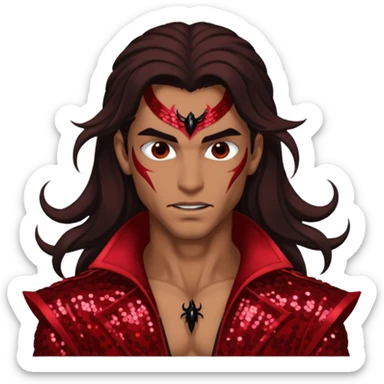 Samael, Venom of God from Gods and Goddesses with tan skin, long dark brown hair, dark red sequin outfit sticker