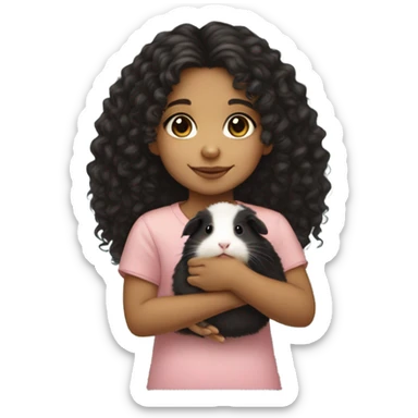 Little light skin girl with black curly hair holding a Guinea pig sticker