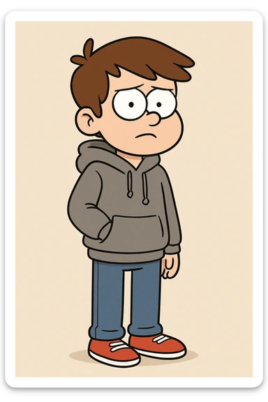 a boy brown hair grey awdis kids hoodie blue jeans red shoe  sticker