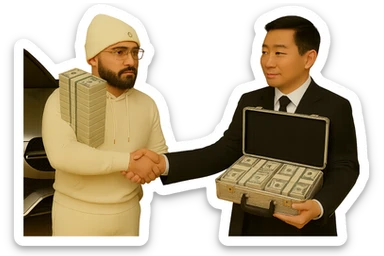 Make the background transparent while keeping all other details the same: the Asian man holding a briefcase filled with US money, Cartier glasses on the man in the white hoodie, and the car in the background. Preserve the original style and details exactly as described. sticker