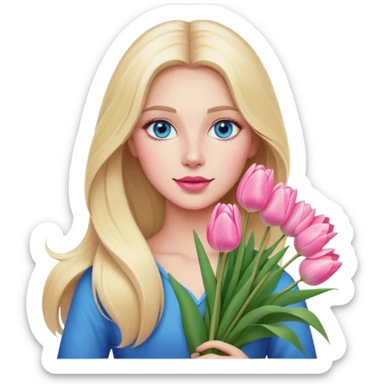 Cinematic realistic blonde with long hair, blue eyes and pink lips, holding a large bouquet of tulips in her hands sticker