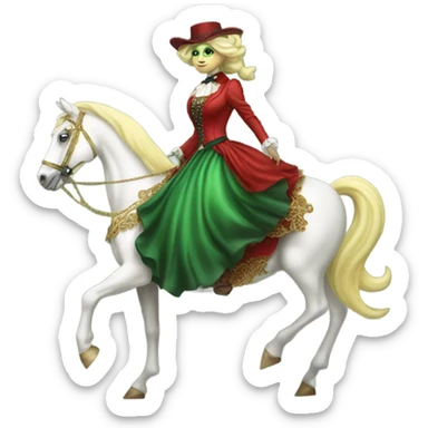 "green blonde alien woman" in red Victorian elegant dress, full body, rides "horse gold and white"
 sticker