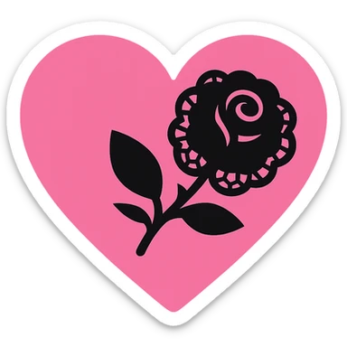 gothic heart with a black lace rose, color icon filled style, pink and black sticker