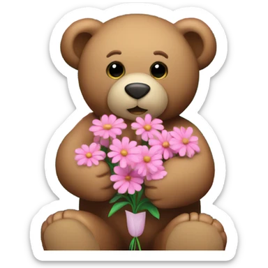 a teddy bear holding pink flowers sticker