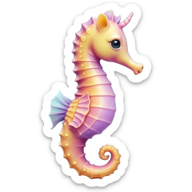 Cinematic Cute Sea Horse Portrait Emoji, Head tilted playfully and inquisitively, featuring a charming, petite seahorse with a softly curved body in pastel tones, a delicately coiled tail and round, sparkling eyes full of gentle wonder, Simplified yet irresistibly adorable features, highly detailed, glowing with a warm, inviting aquatic glow, high shine, affectionate and lively, stylized with a touch of enchanting marine charm, soft glowing outline, capturing the essence of a mischievous yet loving seahorse that seems as if it could float out of the screen into your arms! sticker