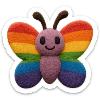 a butterfly in plush portrait style, soft and fluffy, rainbow pride colors, cute expression sticker