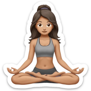 a brunette girl doing yoga, she is wearing a grey fit and she has dark wavy and loose hair.  sticker