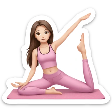 white brunette girl long hair with hazel eyes in light pink workout clothes stretching on a yoga mat sticker