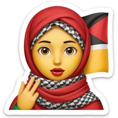 yellow emoji face with big eyes finger on lips in shh gesture Palestinian keffiyeh draped over head with small Palestinian flag detail on scarf sticker