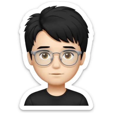 a boy wearing black t-shirt, has fluffy black hair and silver rectangular glasses sticker