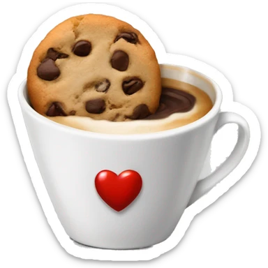 A cup of coffe in a white cup with a bright red kiss mark on it with a half eaten chocolate chip cookie sticker