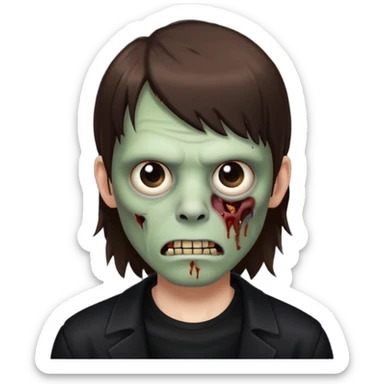 a zombie with dark circles under his eyes and medium brown hair with straight bangs, wearing black clothes
 sticker