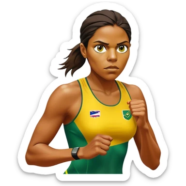 Cinematic Realistic portrait of Cathy Freeman, shown as an iconic Australian sprinter with a focused, determined expression and modern athletic yellow and green attire accented with subtle native motifs, rendered in dynamic, vibrant lighting sticker