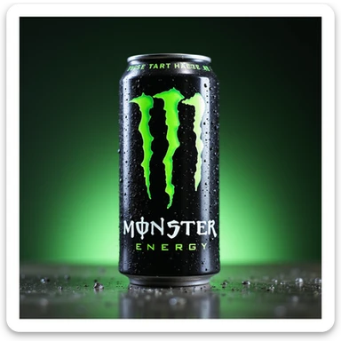 photorealistic studio lighting of cold monster energy drink can with water droplets and neon green branding, on a gradient background sticker