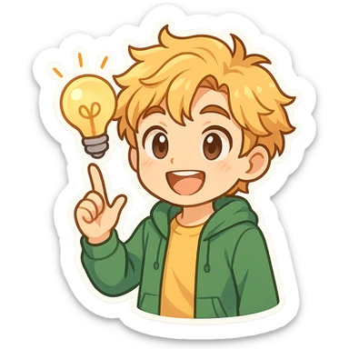 bright and expressive male visionary, fair skin, tousled golden hair, wide joyful eyes, wearing a green hoodie over a yellow tee, one hand raised with a glowing lightbulb, waist-up, front-facing sticker