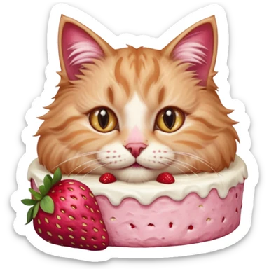 Close-up portrait of a fluffy cat eating a strawberry cake, pink cream on its nose and whiskers, detailed fur texture, soft natural light, shallow depth of field, high resolution, cute and candid moment
 sticker